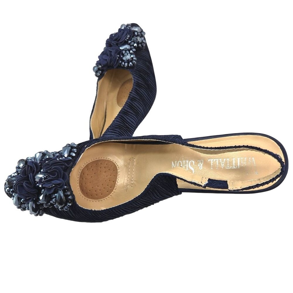 Whittall & Shon Navy Blue Ruched Velvet Embellished Slingback Heels Size 10 - Picture 2 of 10